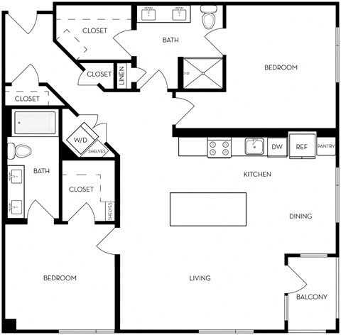 Floor plan for 2 beds, 2 baths, 1197 sqft